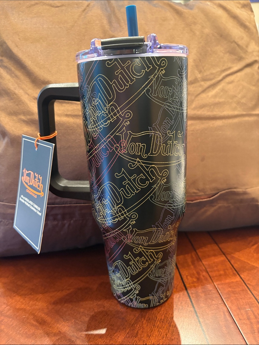 Von Dutch Black 40 oz Tumbler with Purple Lid and Blue Straw bnwt
